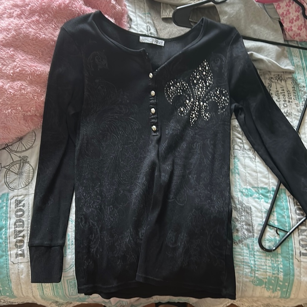 y2k black long sleeve rhinestone tee